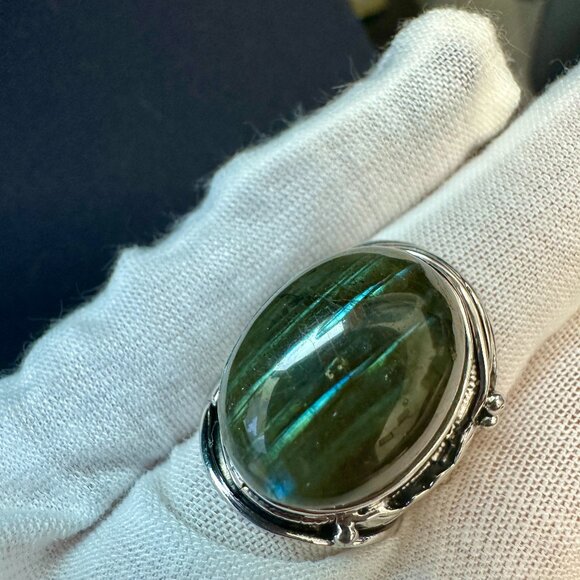 925 Sterling Silver Green Labradorite Statement Ring - Size 8.25 - Picture 1 of 11